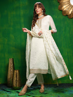 Thumbnail for Sequinned Embroidered Silk Blend Kurta With Pant & Embroidered Dupatta, White - Hiral Fashion - Distacart