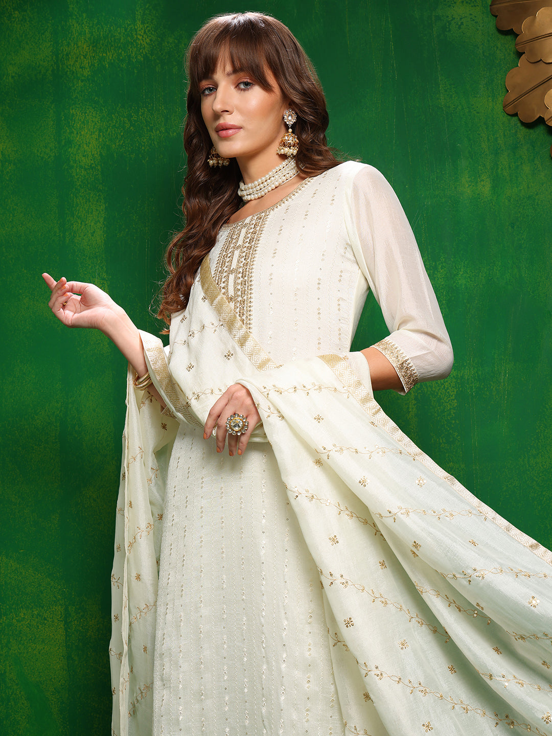Sequinned Embroidered Silk Blend Kurta With Pant & Embroidered Dupatta, White - Hiral Fashion - Distacart