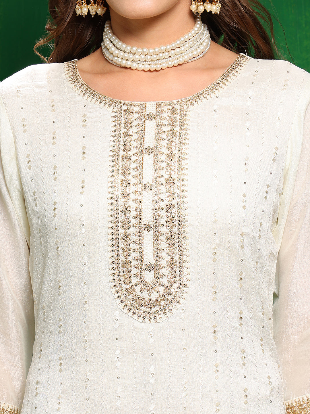 Sequinned Embroidered Silk Blend Kurta With Pant & Embroidered Dupatta, White - Hiral Fashion - Distacart