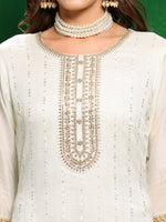 Thumbnail for Sequinned Embroidered Silk Blend Kurta With Pant & Embroidered Dupatta, White - Hiral Fashion - Distacart