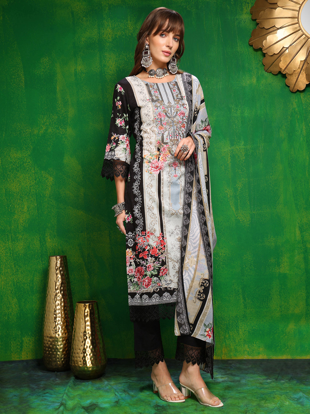 Pakistani Printed Kurta With Pant & Dupatta, Black - Hiral Fashion - Dista