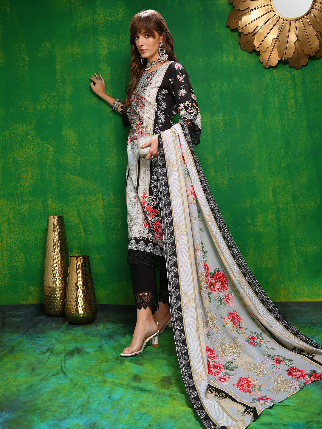 Pakistani Printed Kurta With Pant & Dupatta, Black - Hiral Fashion - Dista