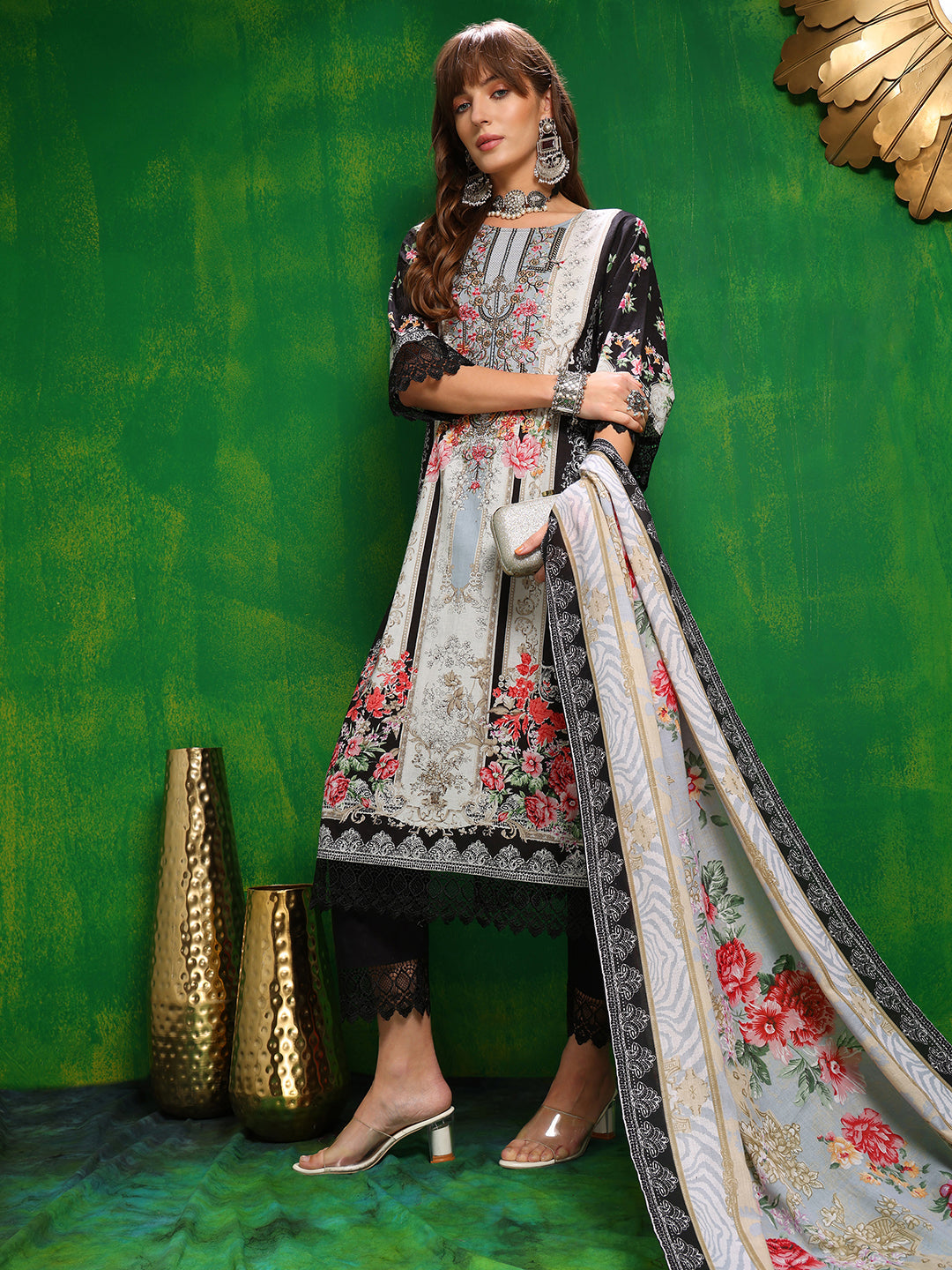 Pakistani Printed Kurta With Pant & Dupatta, Black - Hiral Fashion - Dista