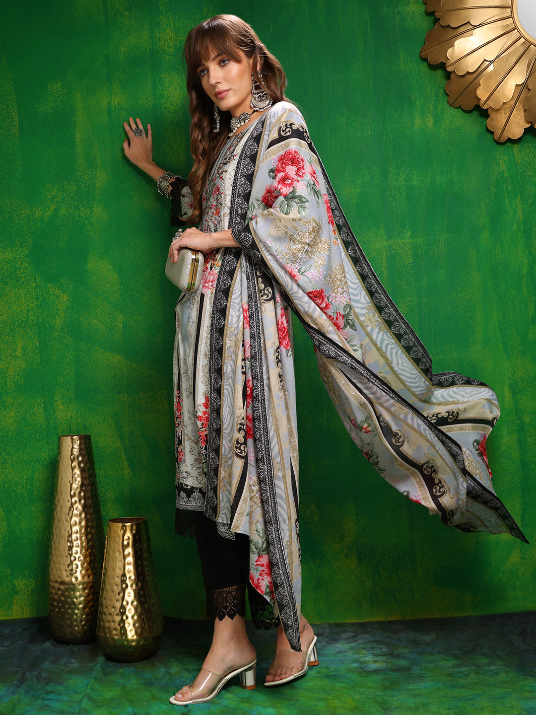 Pakistani Printed Kurta With Pant & Dupatta, Black - Hiral Fashion - Dista
