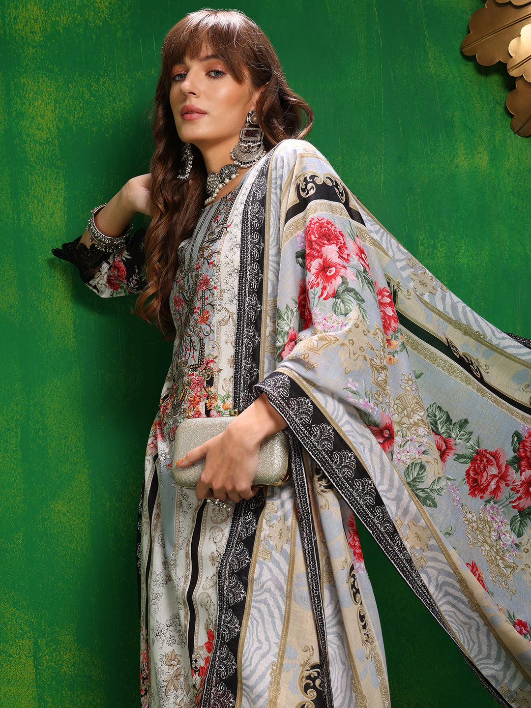 Pakistani Printed Kurta With Pant & Dupatta, Black - Hiral Fashion - Dista