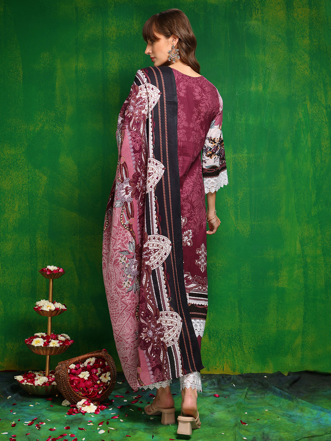 Pakistani Printed Kurta With Pant & Dupatta, Pink - Hiral Fashion - Dista