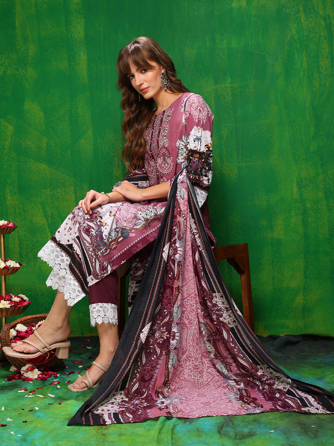 Pakistani Printed Kurta With Pant & Dupatta, Pink - Hiral Fashion - Dista