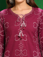 Thumbnail for Bandhani Printed And Embroidered Kurta With Pant & Dupatta, Wine - Hiral Fashion - Distacart