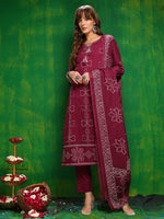 Thumbnail for Bandhani Printed And Embroidered Kurta With Pant & Dupatta, Wine - Hiral Fashion - Distacart