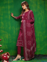 Thumbnail for Bandhani Printed And Embroidered Kurta With Pant & Dupatta, Wine - Hiral Fashion - Distacart