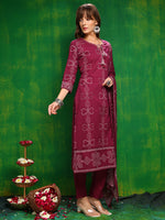 Thumbnail for Bandhani Printed And Embroidered Kurta With Pant & Dupatta, Wine - Hiral Fashion - Distacart