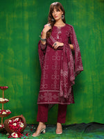 Thumbnail for Bandhani Printed And Embroidered Kurta With Pant & Dupatta, Wine - Hiral Fashion - Distacart