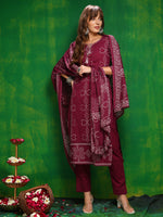 Thumbnail for Bandhani Printed And Embroidered Kurta With Pant & Dupatta, Wine - Hiral Fashion - Distacart