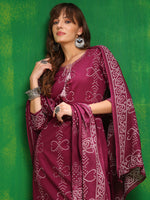 Thumbnail for Bandhani Printed And Embroidered Kurta With Pant & Dupatta, Wine - Hiral Fashion - Distacart