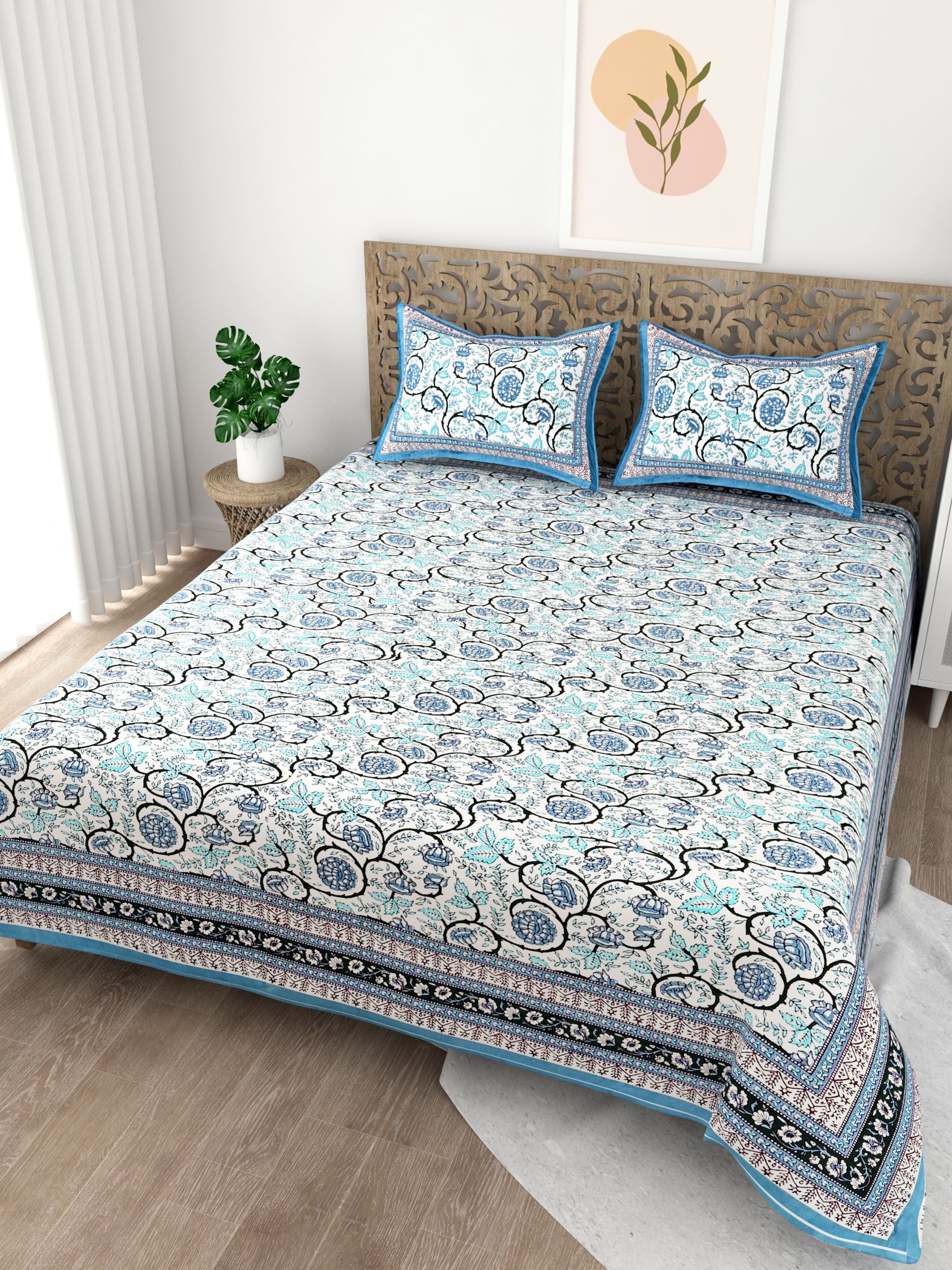 Blue Floral Printed Cotton 200TC King Bedsheet With 2 Zipper Pillow Covers - King Size by House of Ree - Distacart