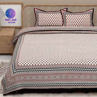 Red Black Handblock Printed Cotton 200TC King Bedsheet With 2 Zipper Pillow Covers - King Size by House of Ree - Distacart
