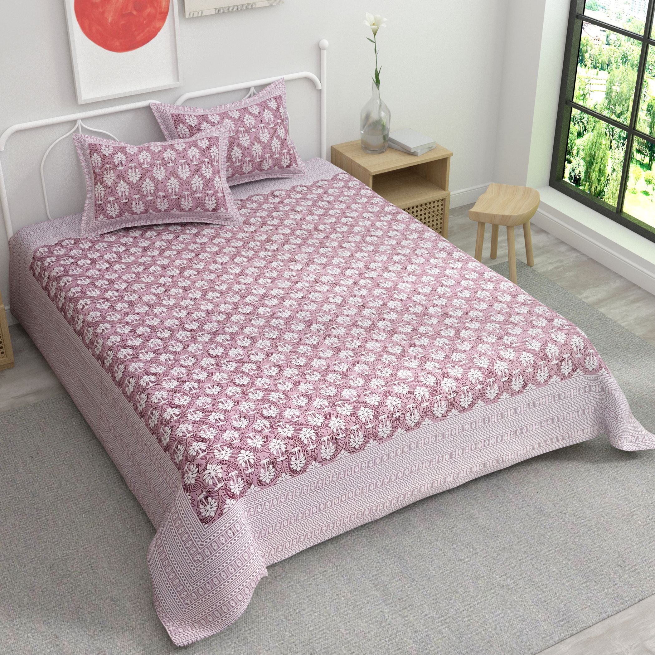 Pink Ethnic Motifs Cotton 220 TC King Bedsheet With 2 Zipper Pillow Covers - King Size by House of Ree - Distacart