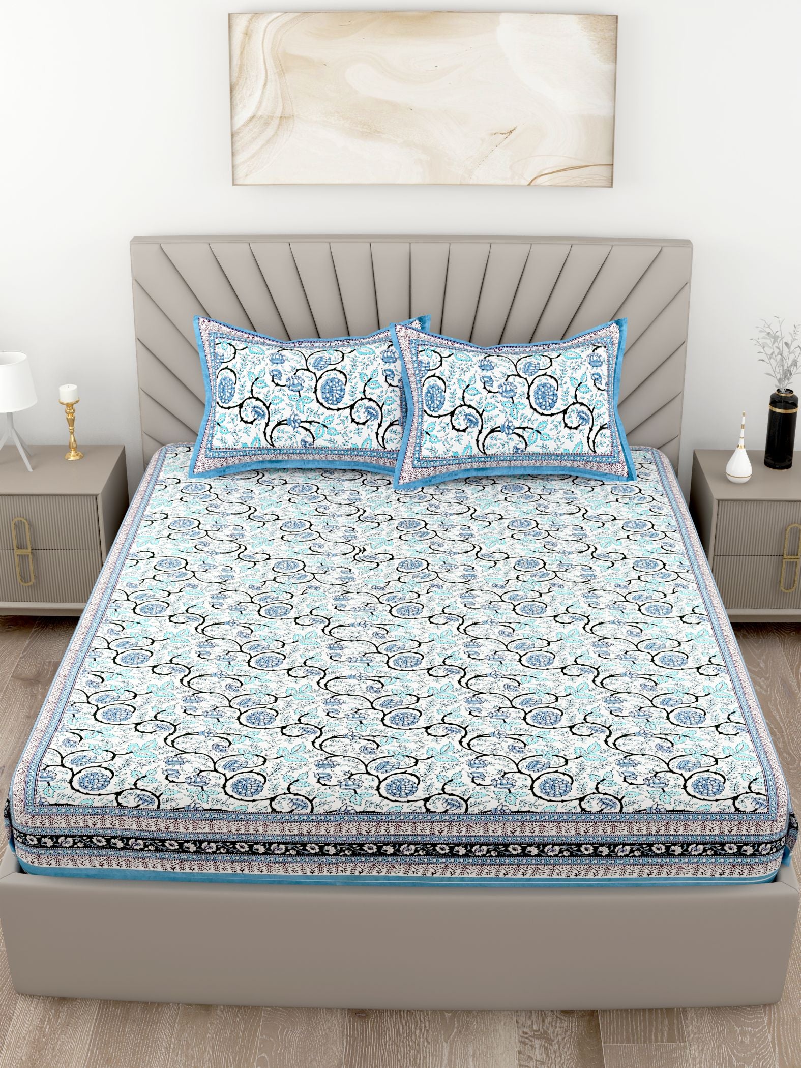 Blue Floral Printed Cotton 200TC King Bedsheet With 2 Zipper Pillow Covers - King Size by House of Ree - Distacart