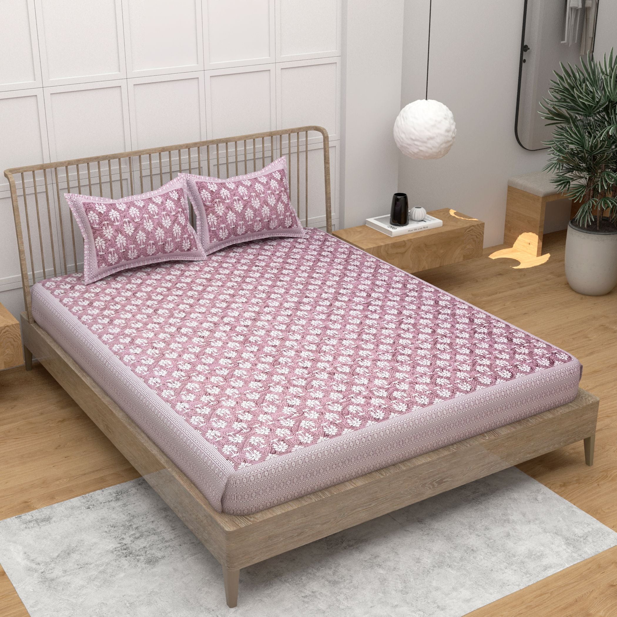 Pink Ethnic Motifs Cotton 220 TC King Bedsheet With 2 Zipper Pillow Covers - King Size by House of Ree - Distacart