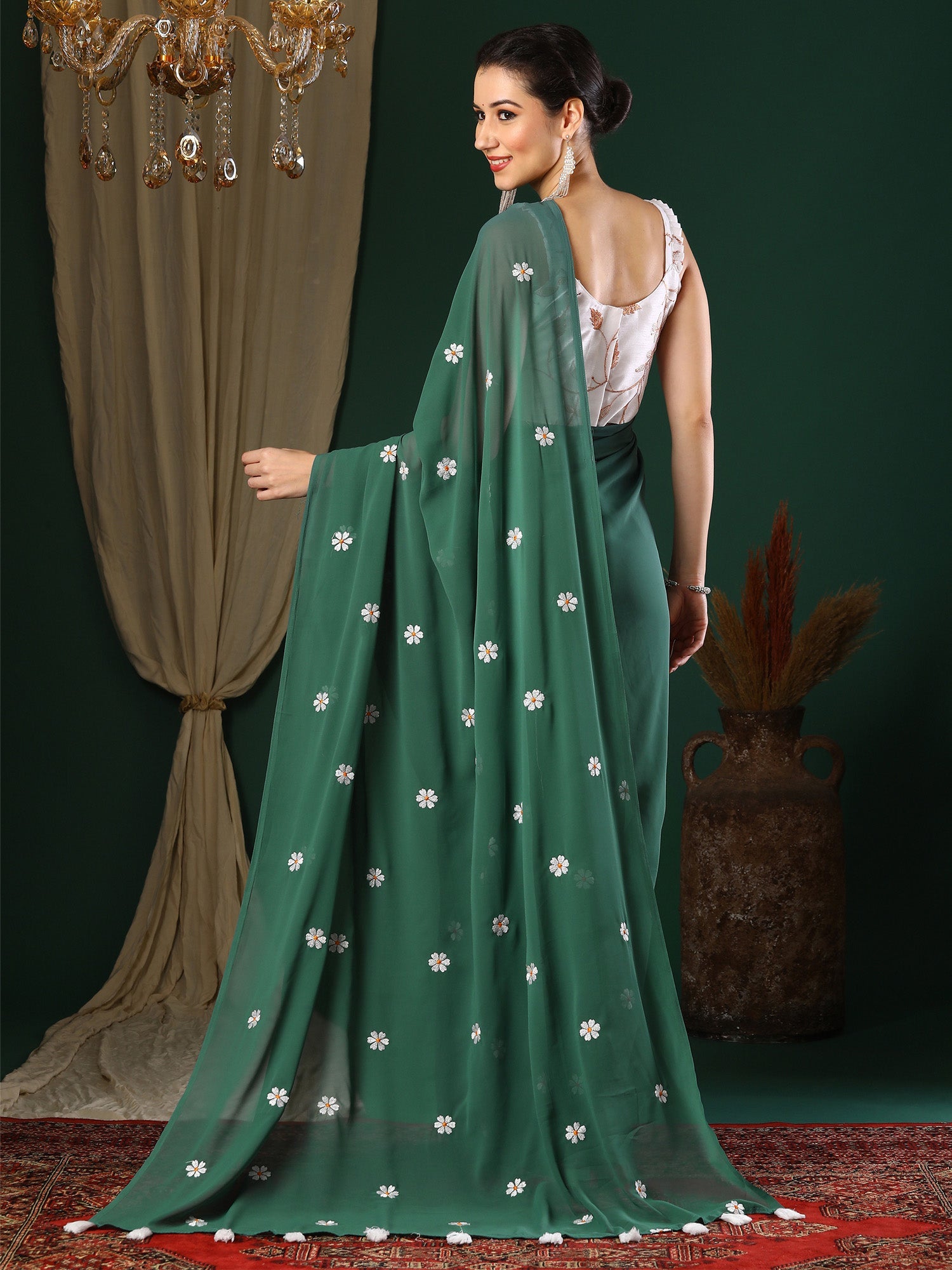 NOZ2TOZ Women's Georgette Green Embroidered Designer Saree With Blouse Piece - Distacart