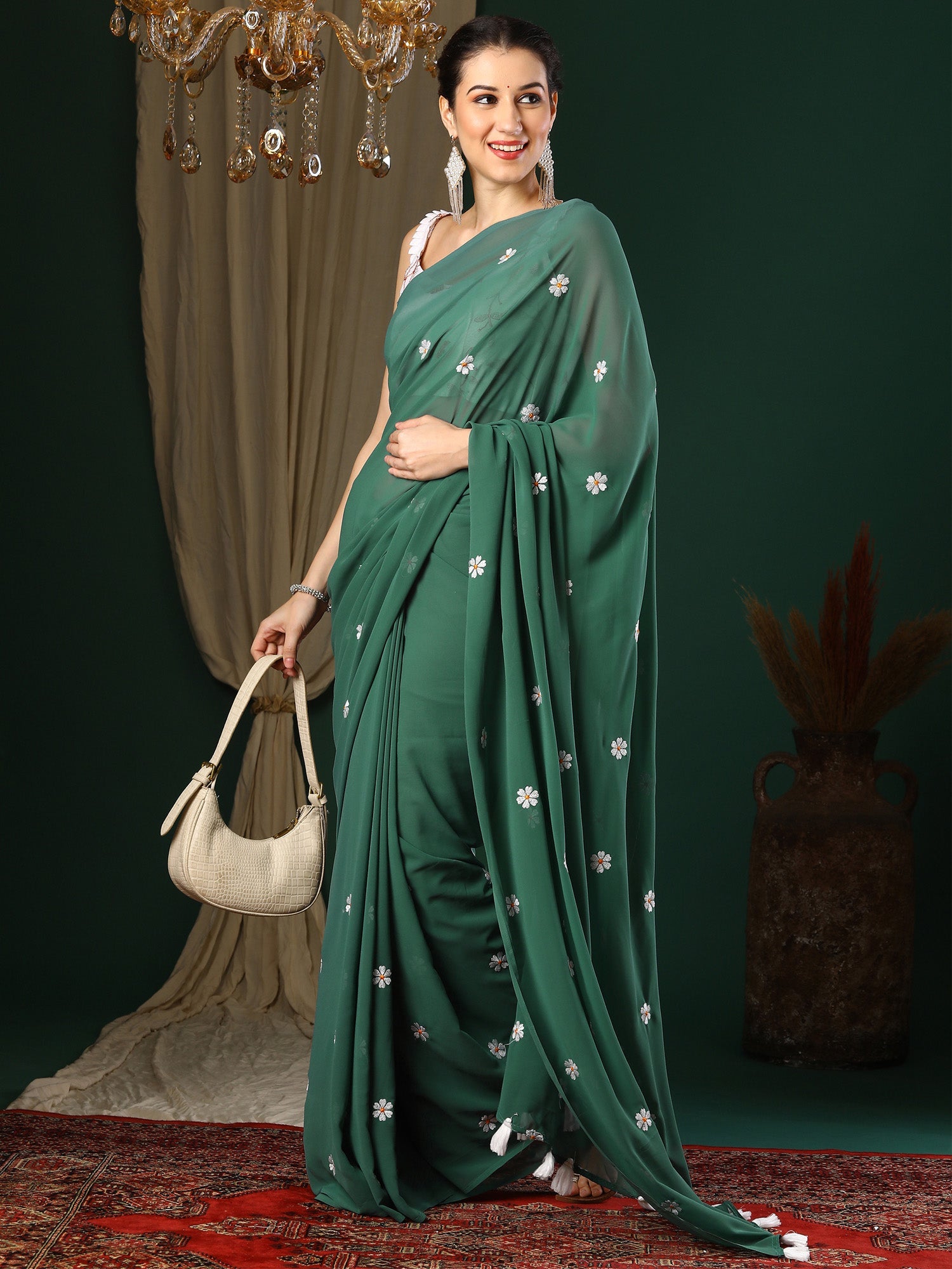 NOZ2TOZ Women's Georgette Green Embroidered Designer Saree With Blouse Piece - Distacart