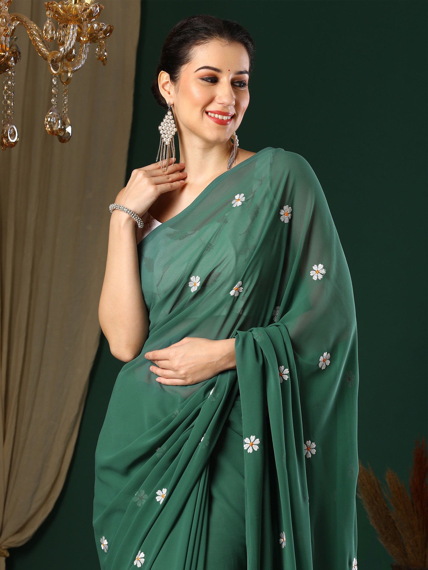 NOZ2TOZ Women's Georgette Green Embroidered Designer Saree With Blouse Piece - Distacart