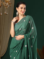 Thumbnail for NOZ2TOZ Women's Georgette Green Embroidered Designer Saree With Blouse Piece - Distacart