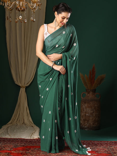 NOZ2TOZ Women's Georgette Green Embroidered Designer Saree With Blouse Piece - Distacart