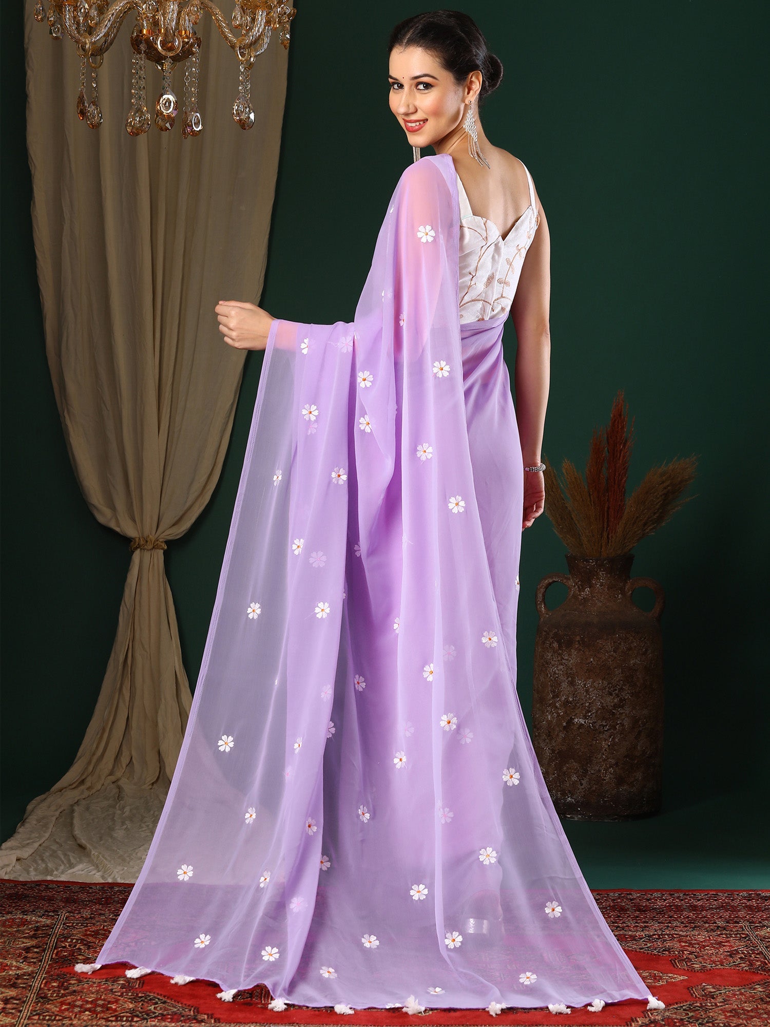 NOZ2TOZ Women's Georgette Lavender Embroidered Designer Saree With Blouse Piece - Distacart