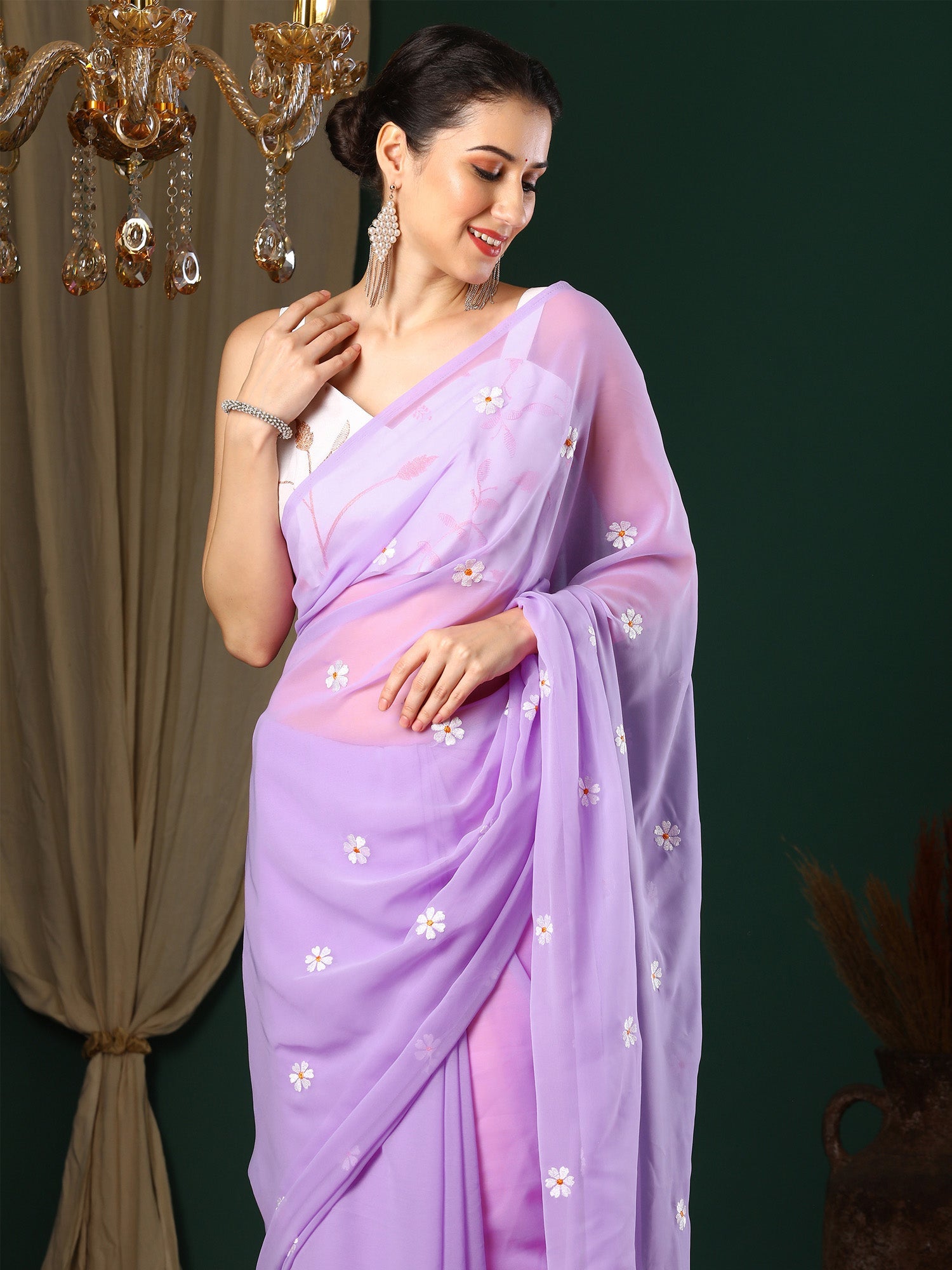 NOZ2TOZ Women's Georgette Lavender Embroidered Designer Saree With Blouse Piece - Distacart