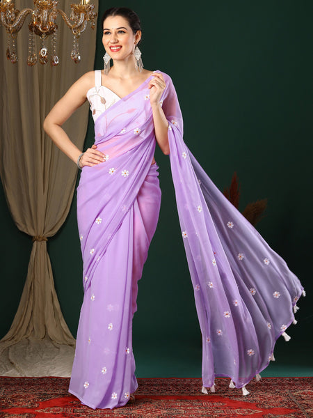 NOZ2TOZ Women's Georgette Lavender Embroidered Designer Saree With Blouse Piece - Distacart