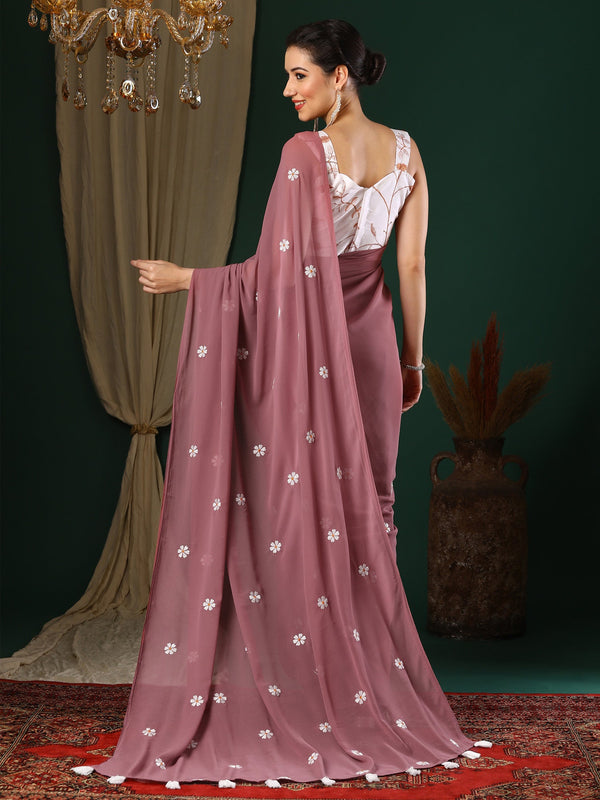 NOZ2TOZ Women's Georgette Rose Gold Embroidered Designer Saree With Blouse Piece - Distacart