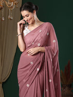 Thumbnail for NOZ2TOZ Women's Georgette Rose Gold Embroidered Designer Saree With Blouse Piece - Distacart