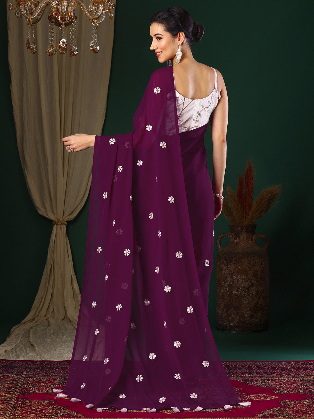 NOZ2TOZ Women's Georgette Purple Embroidered Designer Saree With Blouse Piece - Distacart