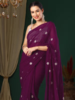 Thumbnail for NOZ2TOZ Women's Georgette Purple Embroidered Designer Saree With Blouse Piece - Distacart