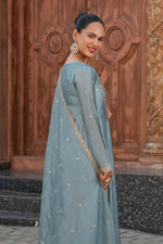 Thumbnail for The52 Teal Blue Women's Gorgeous Vichitra Silk Fabric Embroidered Work Flared Anarkali Pant and Dupatta Set