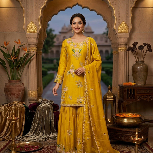 Stylish Designer Stitched Yellow Pure Viscose Crepe Embroidery Hand Work Stitched Sharara Suit - Anbazaar - Distacart