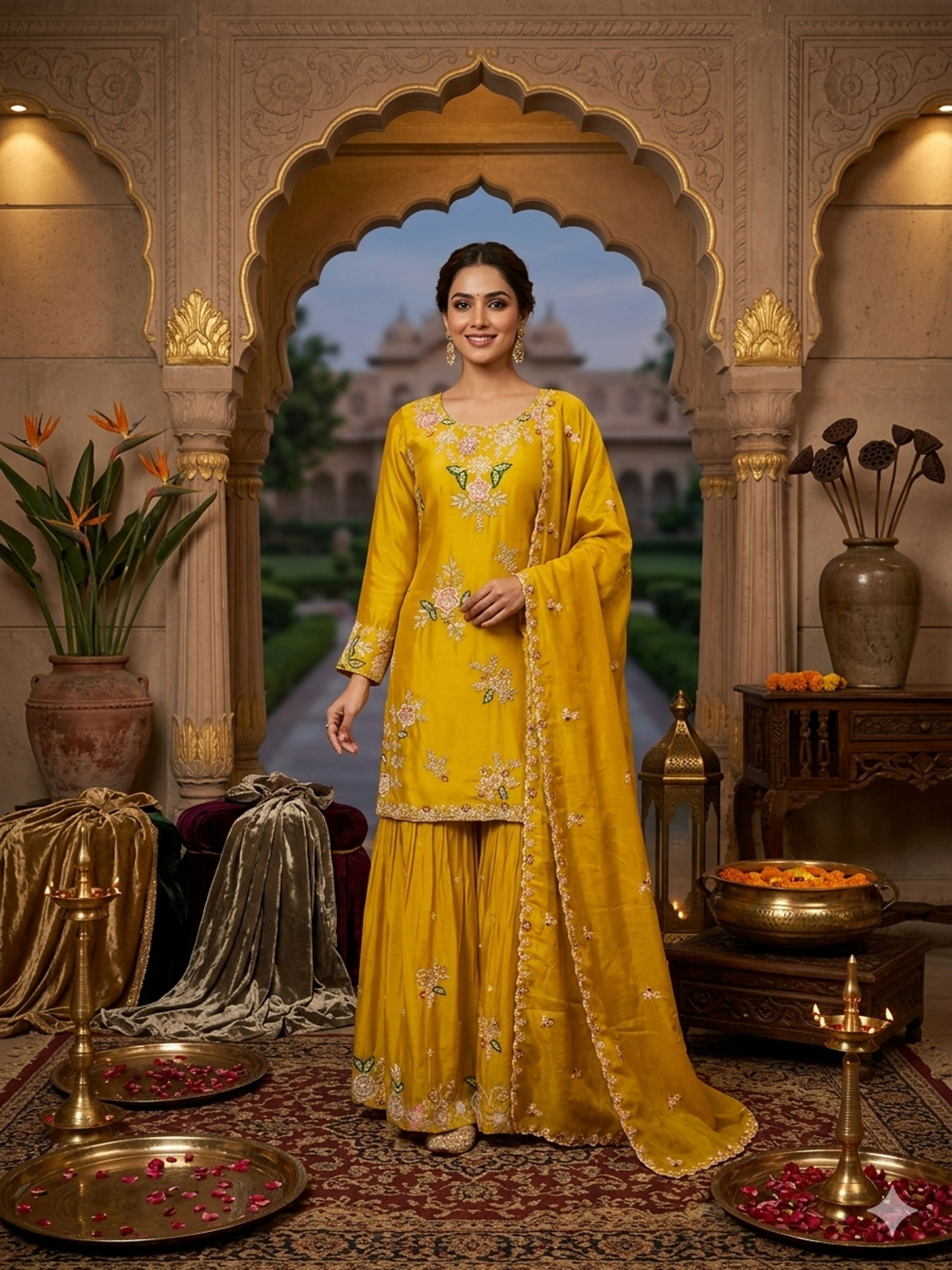Stylish Designer Stitched Yellow Pure Viscose Crepe Embroidery Hand Work Stitched Sharara Suit - Anbazaar - Distacart