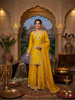 Thumbnail for Stylish Designer Stitched Yellow Pure Viscose Crepe Embroidery Hand Work Stitched Sharara Suit - Anbazaar - Distacart
