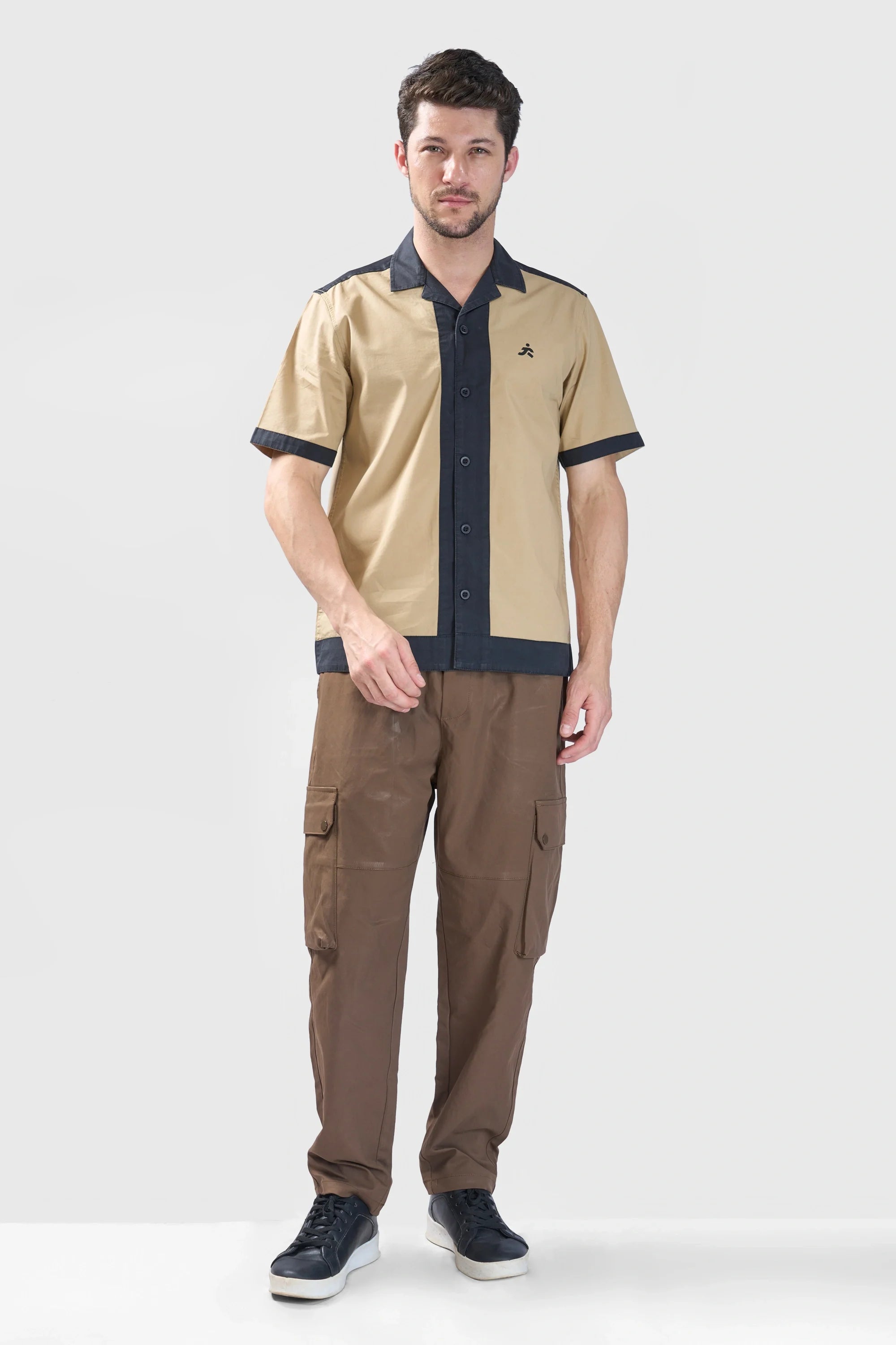 Xkind Beige & Black Backprinted Relaxed Fit Shirt