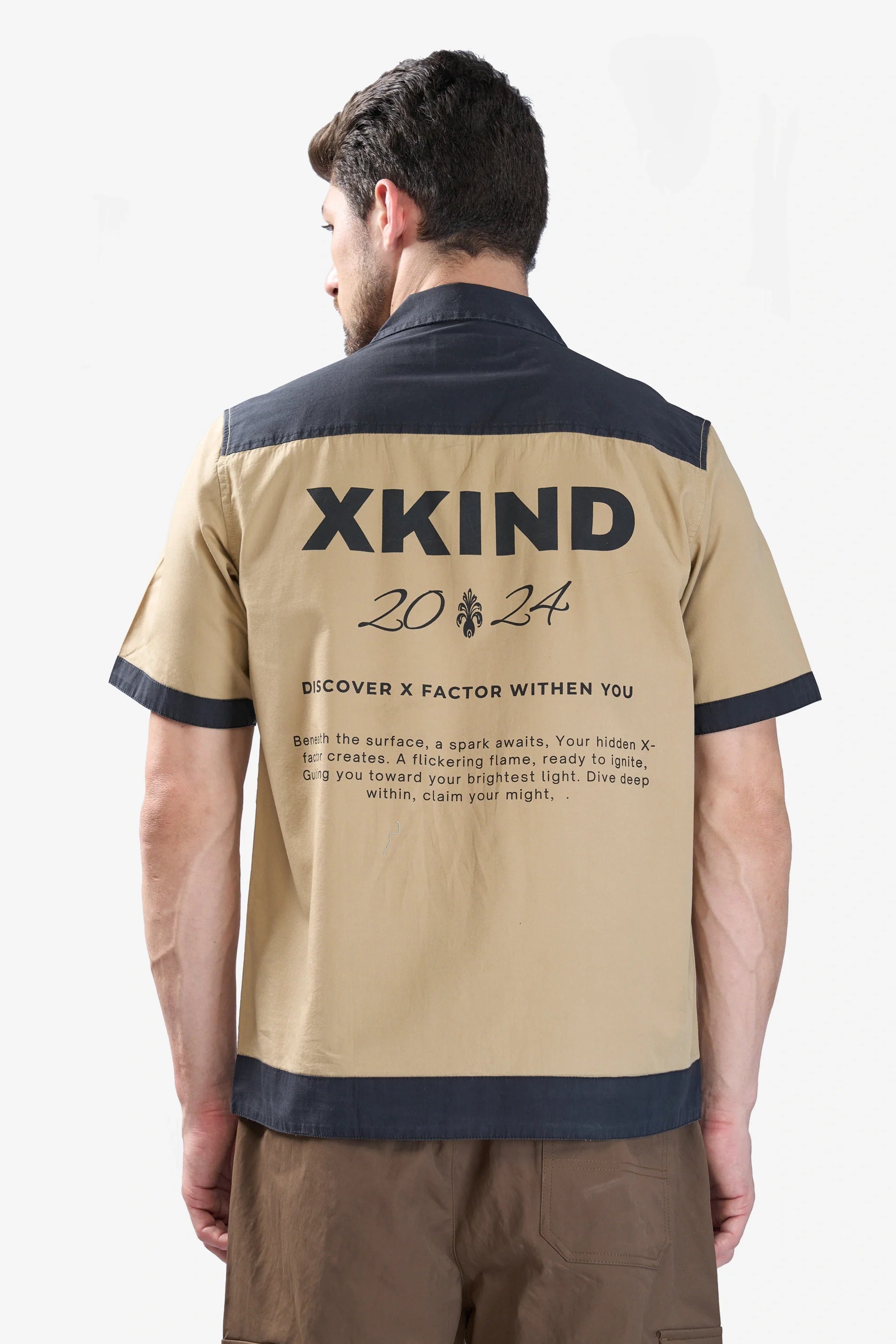 Xkind Beige & Black Backprinted Relaxed Fit Shirt