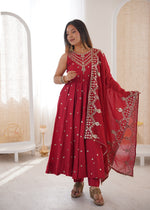 Thumbnail for Anaita Red Silk Readymade Anarkali Suit with Embroidery & Sequence Work - Dista