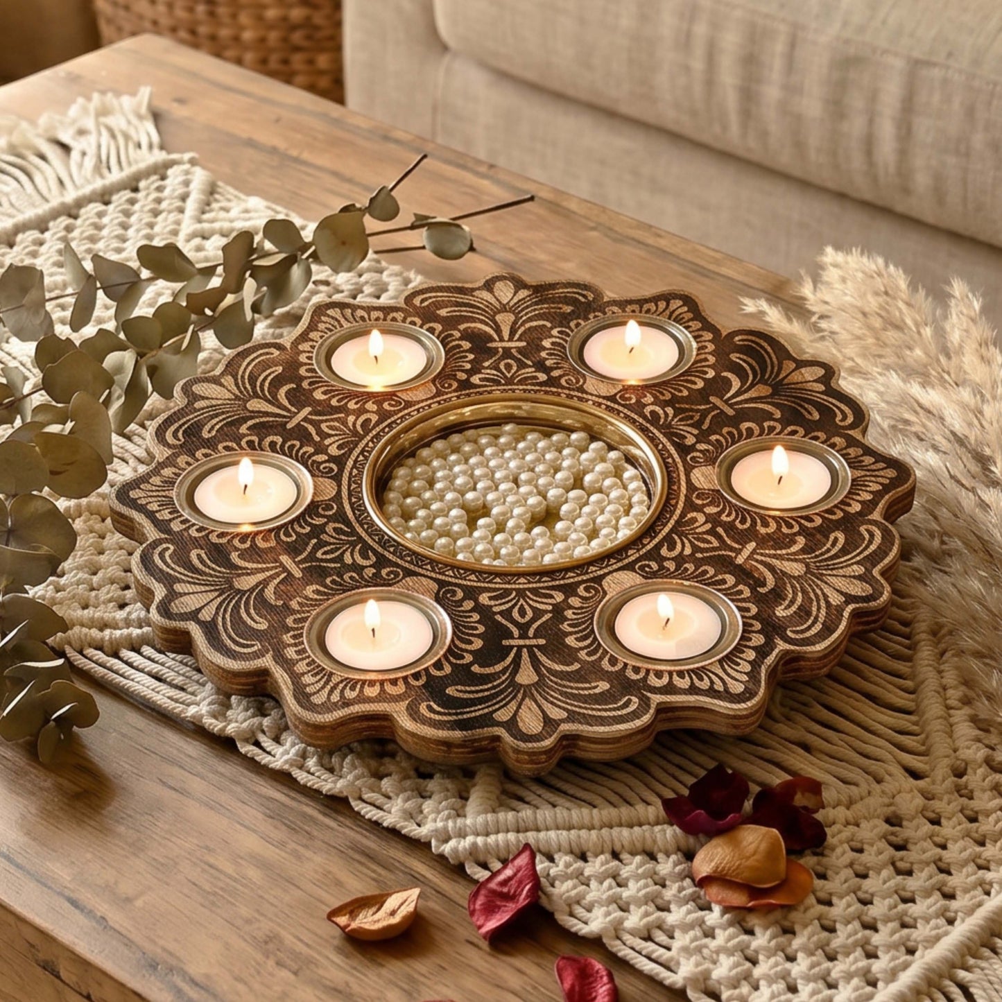 mandala wooden urli with tealights brown