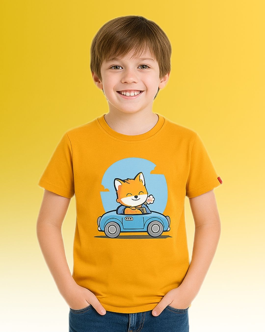 Chilins Round Golden Yellow Neck Printed Cotton Tshirt