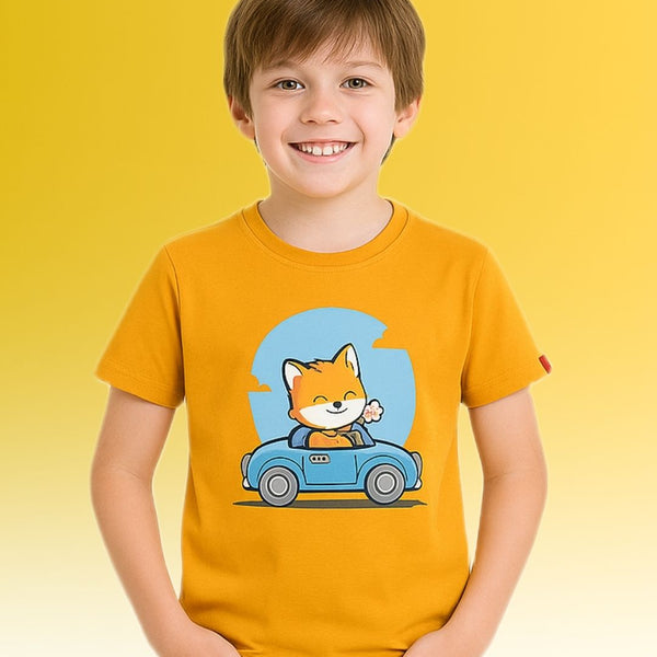 Chilins Round Golden Yellow Neck Printed Cotton Tshirt