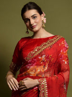 Thumbnail for Anouk Red & Yellow Floral Printed & Embroidered Border Pure Georgette Saree - Distacart