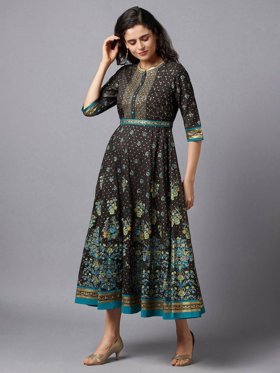 AURELIA Women Black & Gold-Toned Embellished A-Line Midi Dress