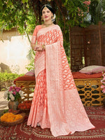 Thumbnail for Anouk Orange & Silver-Toned Woven Design Zari Art Silk Kanjeevaram Saree - Distacart