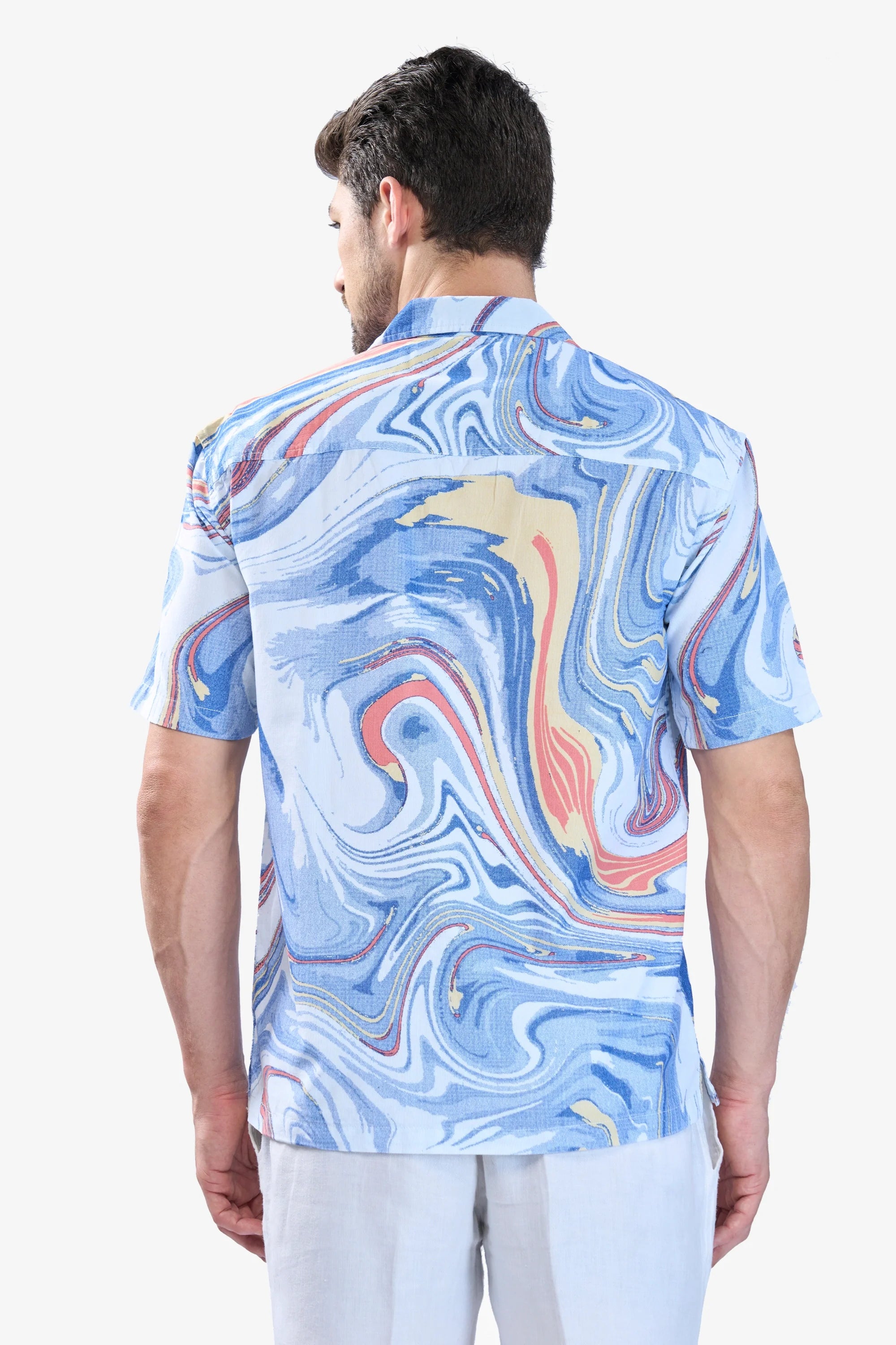 Xkind Blue Fine Cord Drop Shoulder Printed Relaxed Fit Shirt