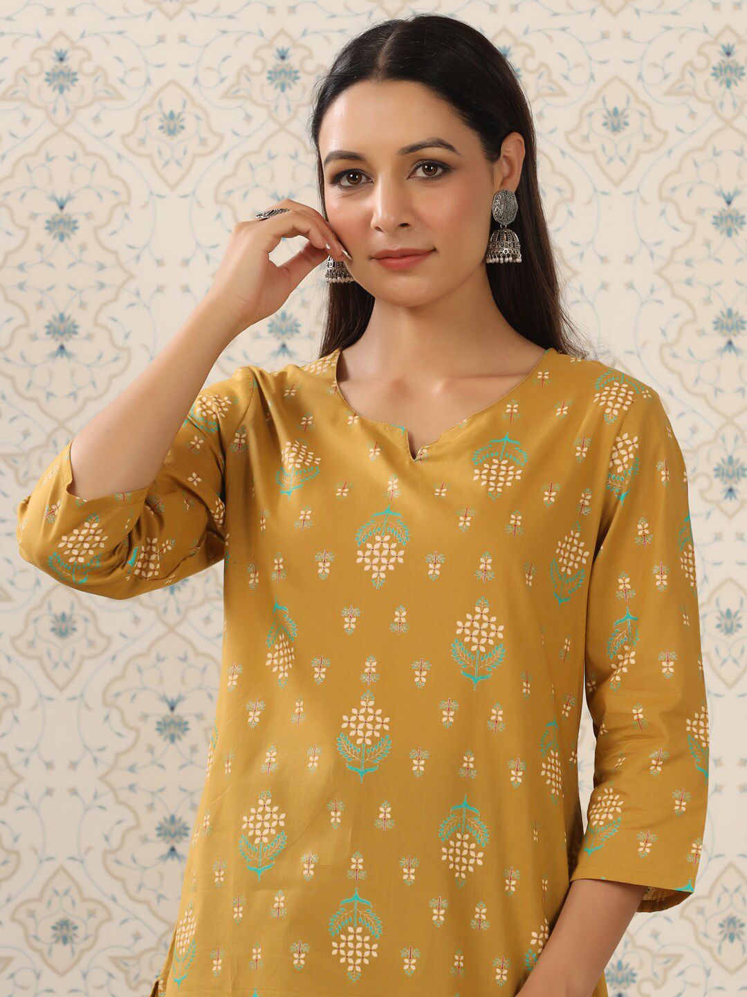 Ode by House of Pataudi Mustard Yellow & Teal Printed Pure Cotton Kurta with Palazzos - Distacart